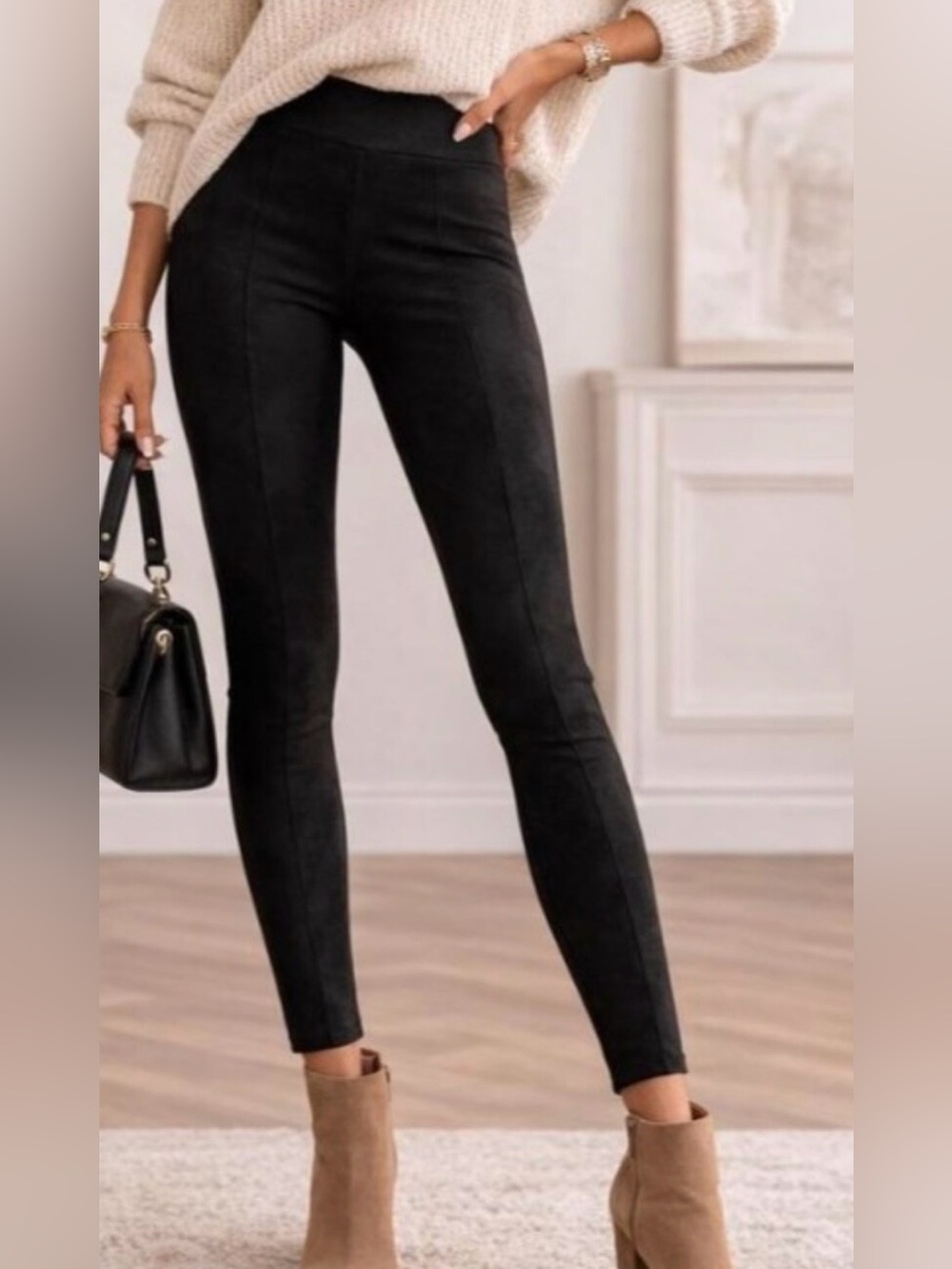 Andrew Marc Black Faux Suede Pull On Skinny Stretch Ankle Pants